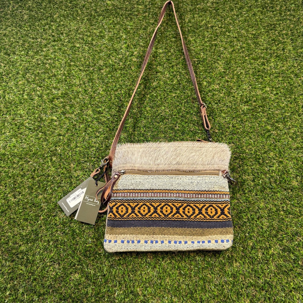 Myra Bag Hair-On-Hide Woven Canvas Crossbody Bag Small Boho Southwestern New